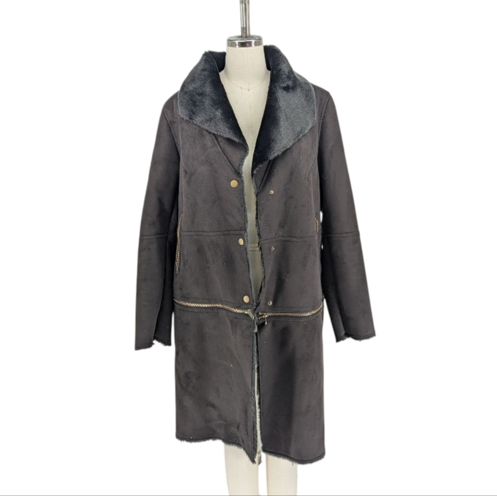 00841 Donna Salyers Faux Fur Suede Coat Black size Small winter classic cold